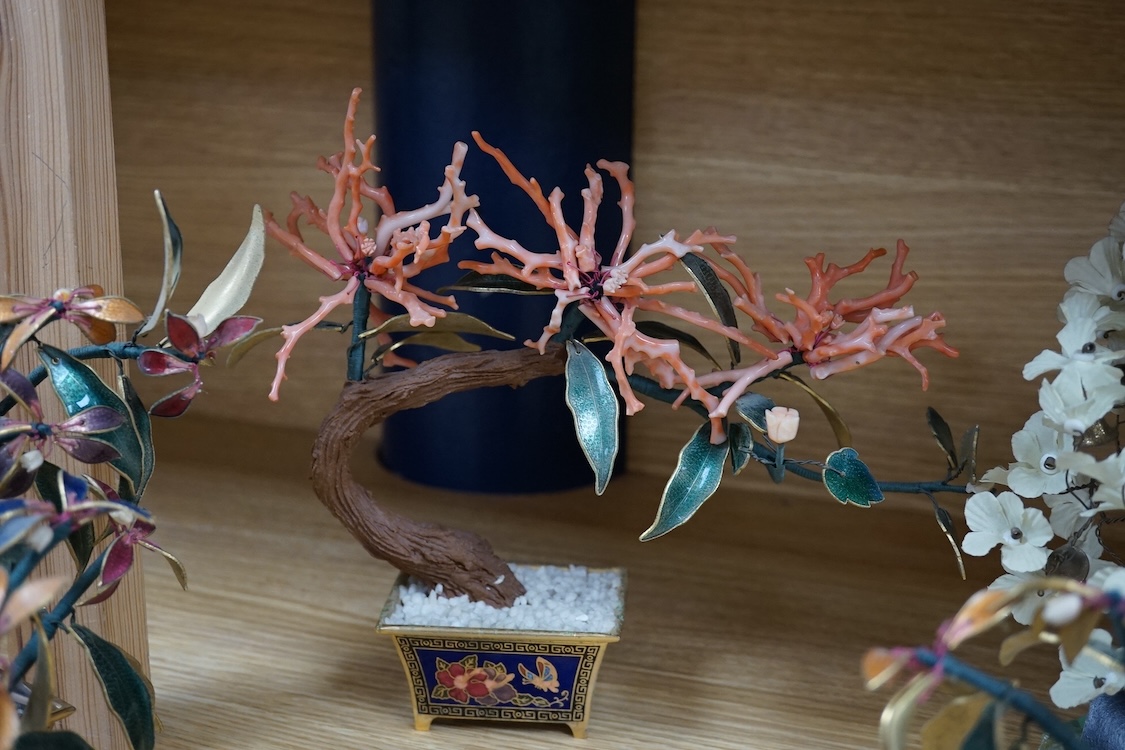 Five miniature Chinese enamel and coral bonsai trees and planters, largest 22cm high